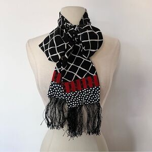Vintage 80s / 90s Fringe Hem Bohemian Black and White Scarf